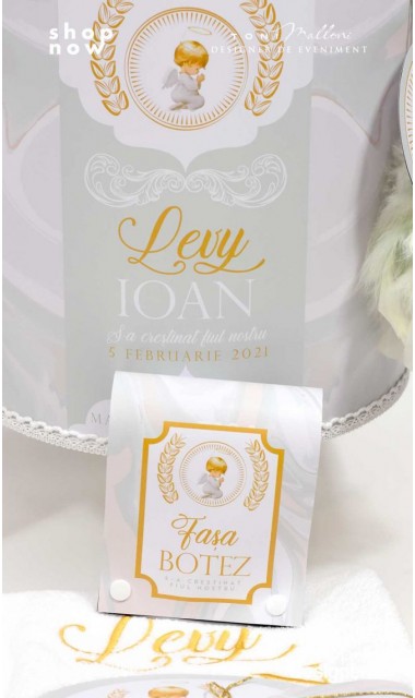 Trusou de botez cu ingeri si broderie personalizata aurie si pattern marble crem mint 4